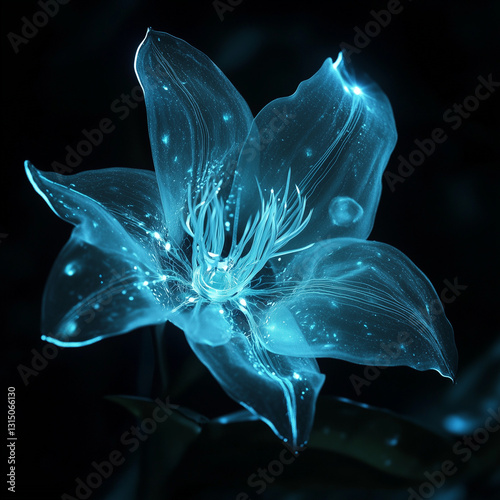 A bioluminescent alien flower with translucent petals, softly glowing in the dark