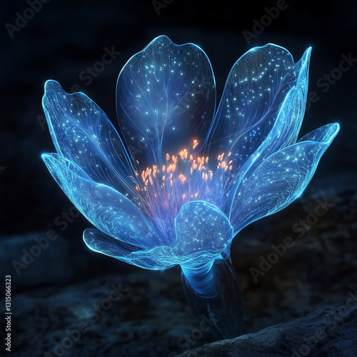 A bioluminescent alien flower with translucent petals, softly glowing in the dark