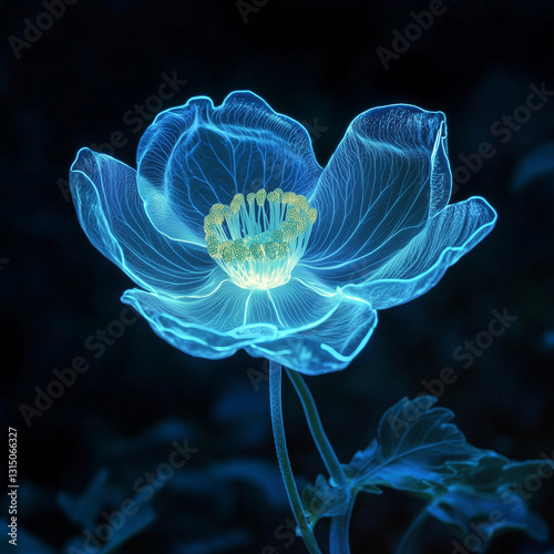 A bioluminescent alien flower with translucent petals, softly glowing in the dark