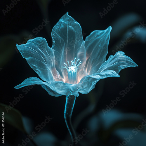 A bioluminescent alien flower with translucent petals, softly glowing in the dark