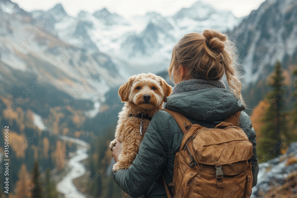 Hiker enjoys mountain view with dog in the beautiful wilderness during autumn Hiker enjoys mountain view with dog in the beautiful wilderness during autumn