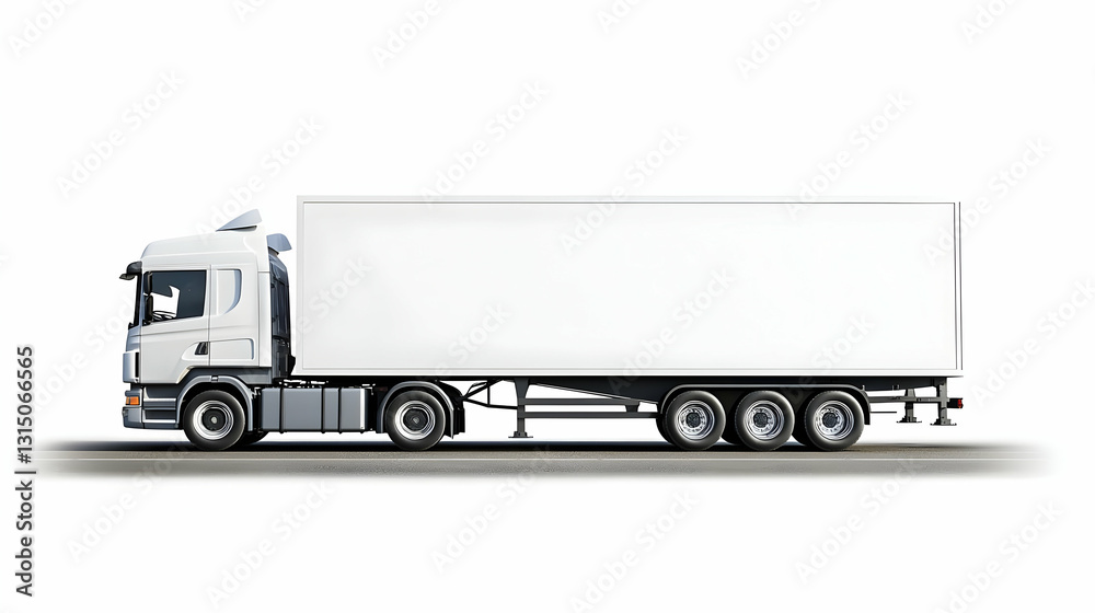 Large White Semi-Truck Trailer for Cargo Transportation on a Straight Road Against White Background in Bright Sunlight with Detailed Tires and Body Large White Semi-Truck Trailer for Cargo Transportation on a Straight Road Against White Background in Bright Sunlight with Detailed Tires and Body
