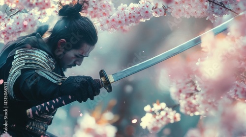 Formidable Samurai Wielding Katana Amidst Cherry Blossoms