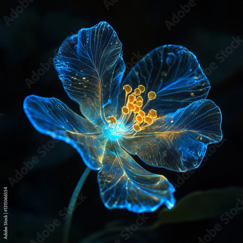 A bioluminescent alien flower with translucent petals, softly glowing in the dark