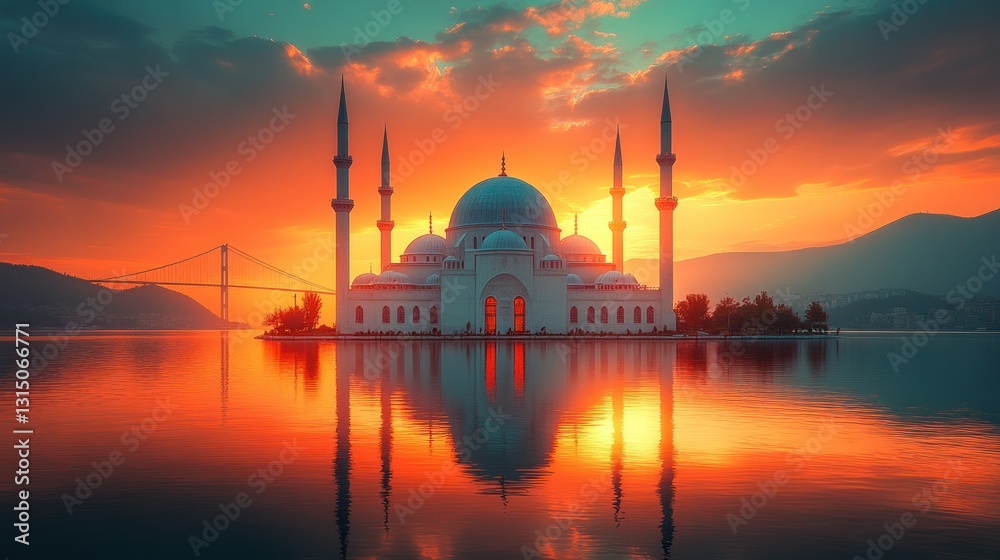 Obraz premium Mosque on an island at sunset, reflected in calm water