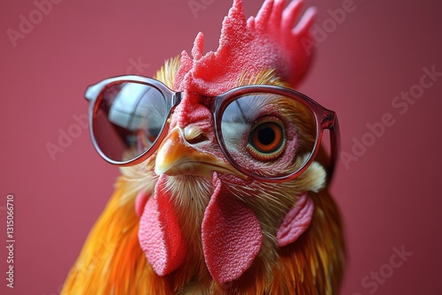 Charming chicken wearing glasses poses against a vibrant backdrop in a whimsical display of personality and humor