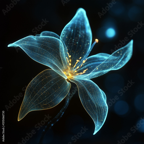 A bioluminescent alien flower with translucent petals, softly glowing in the dark