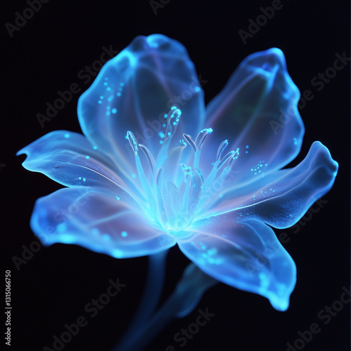 A bioluminescent alien flower with translucent petals, softly glowing in the dark