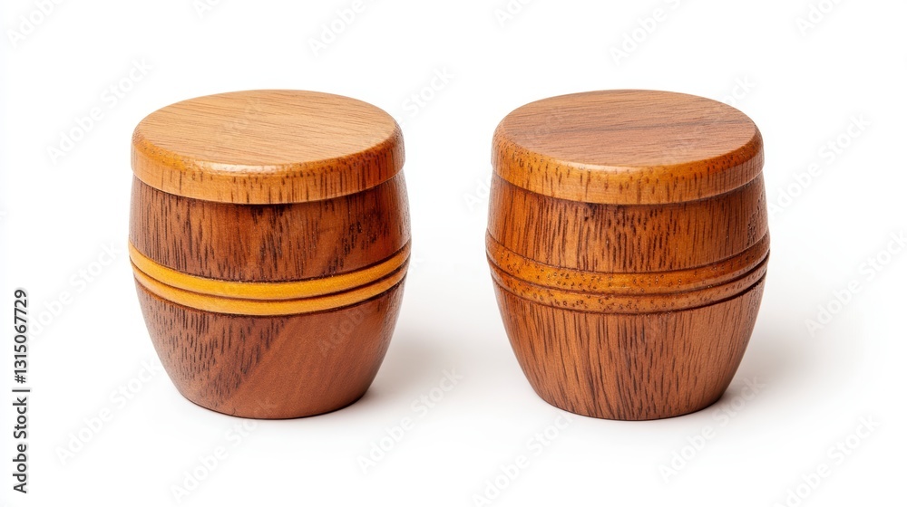 Fototapeta premium Two Small Brown Wooden Barrels on White Background
