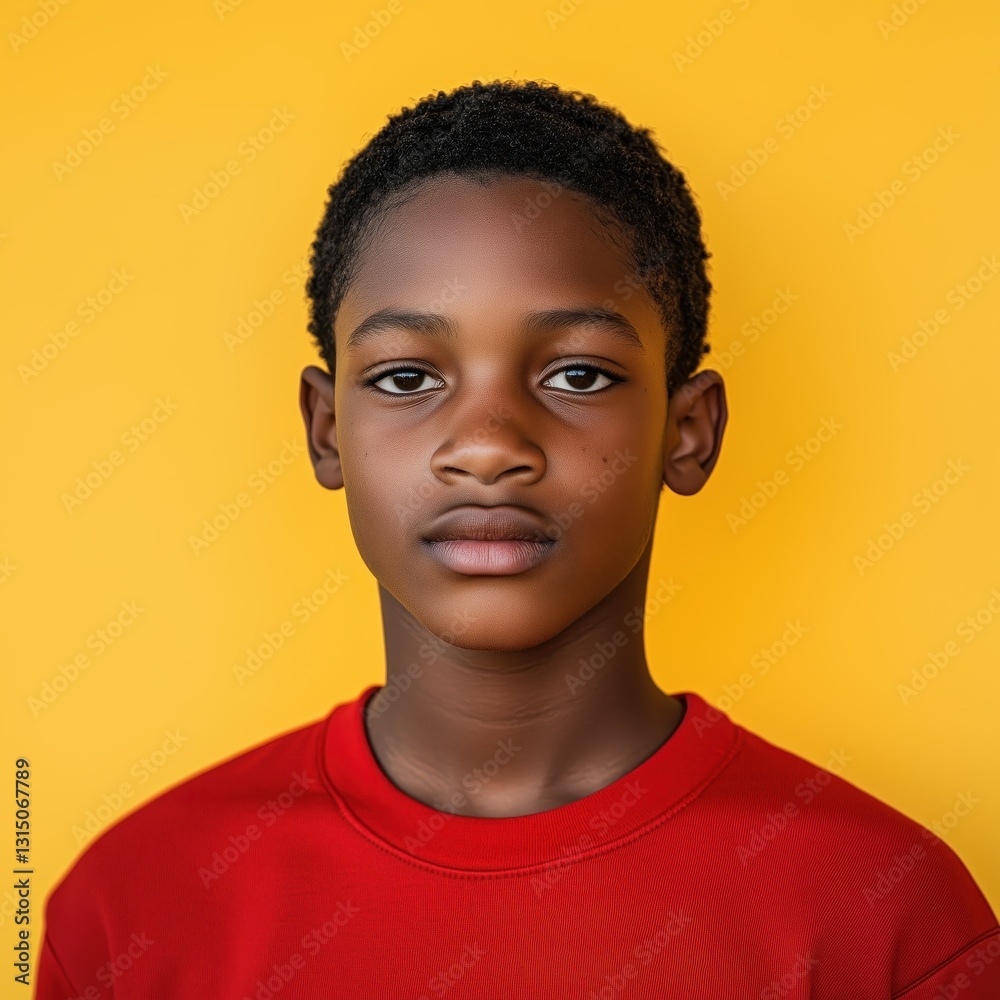 Portrait of a young boy with serious expression red shirt yellow background and dark hair against a solid colored backdrop Portrait of a young boy with serious expression red shirt yellow background and dark hair against a solid colored backdrop