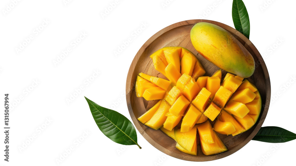 Fresh mango fruit sliced and displayed on wooden plate with transparent background Fresh mango fruit sliced and displayed on wooden plate with transparent background