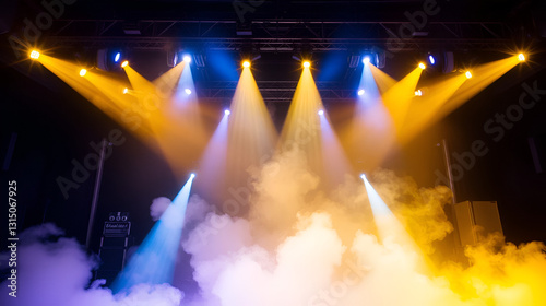 Dramatic stage lighting with smoke creates an electrifying atmosphere, ideal for promoting concerts, music events, and entertainment venues.
