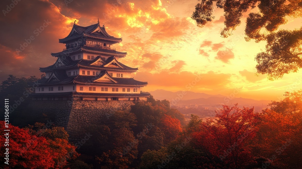 Obraz premium Historic Japanese Castle Glowing Under Golden Twilight