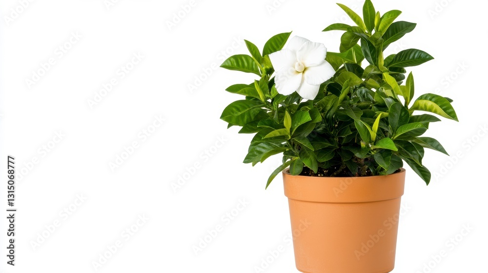 White Gardenia in Terracotta Pot Against White Background White Gardenia in Terracotta Pot Against White Background
