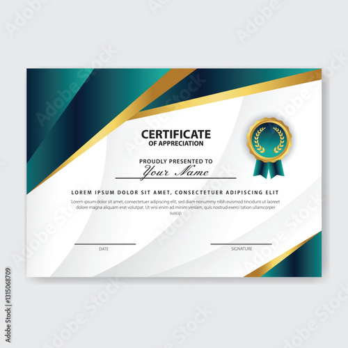 Teal-gold certificate design; award template; white background
