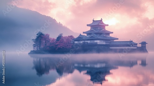 Historic Japanese Castle on Island Surrounded by Mist