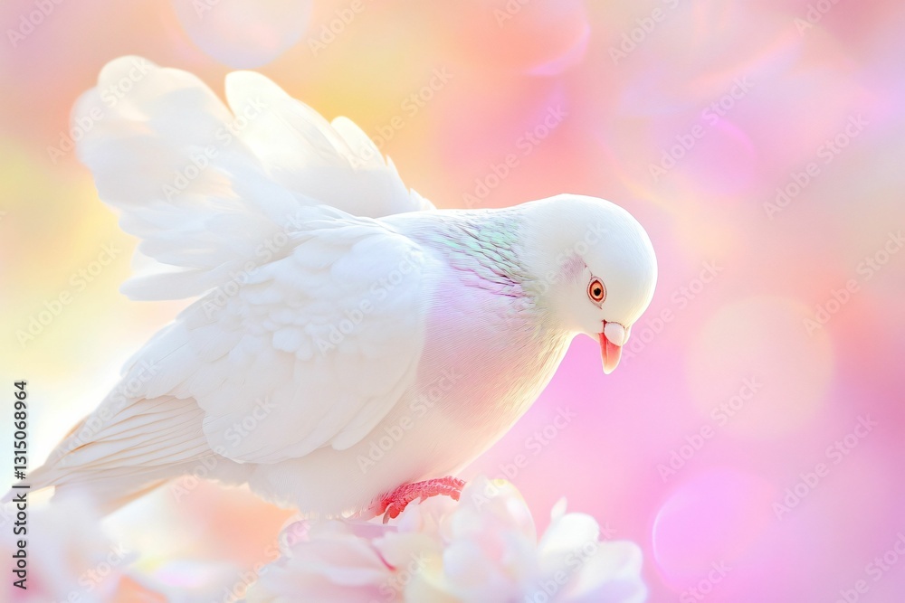Fototapeta premium Elegant white dove perched on soft pastel clouds, symbolizing peace and tranquility, perfect for serene backgrounds.
