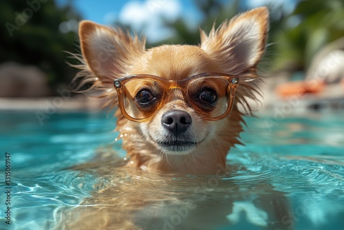 Chihuahua with glasses swimming in pool on a sunny summer day, looking directly at the camera with clear, bright blue water