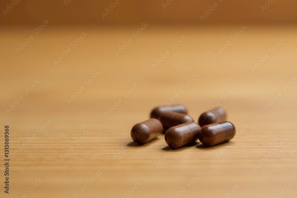 Close-up view of several brown capsules resting on a smooth wooden surface. The capsules appear to be dietary supplements. Close-up view of several brown capsules resting on a smooth wooden surface. The capsules appear to be dietary supplements.