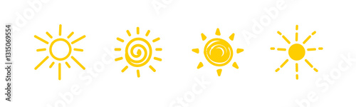 "set of four sun icons each with distinct patterns and sunny rays in a minimalistic bright style.".