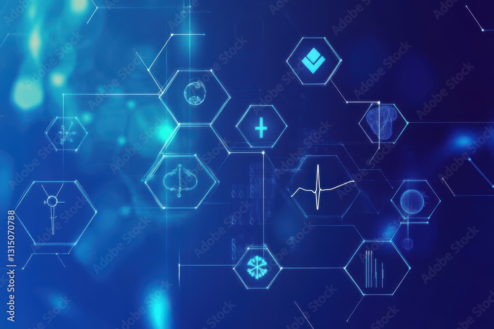 Innovative digital interface showcasing hexagonal medical icons and symbols in a futuristic blue setting Innovative digital interface showcasing hexagonal medical icons and symbols in a futuristic blue setting