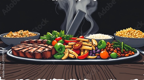 A Sizzling Steak Dinner, Complete With Vibrant Roasted Vegetables, Fluffy Rice, And Savory Sides, All Steaming On A Rustic Wooden Table Under Warm Light