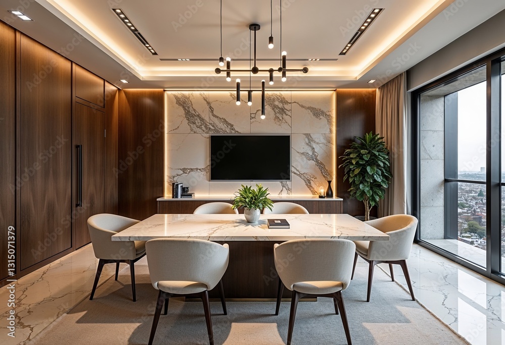 Fototapeta premium Elegant conference room with modern furniture, marble accents, and stylish lighting for meetings