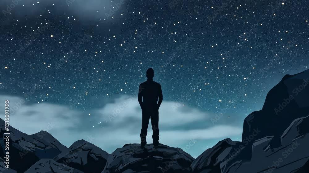 Starry night, silhouette thoughtful dreamer man looking at cosmic sky with moving clouds Starry night, silhouette thoughtful dreamer man looking at cosmic sky with moving clouds