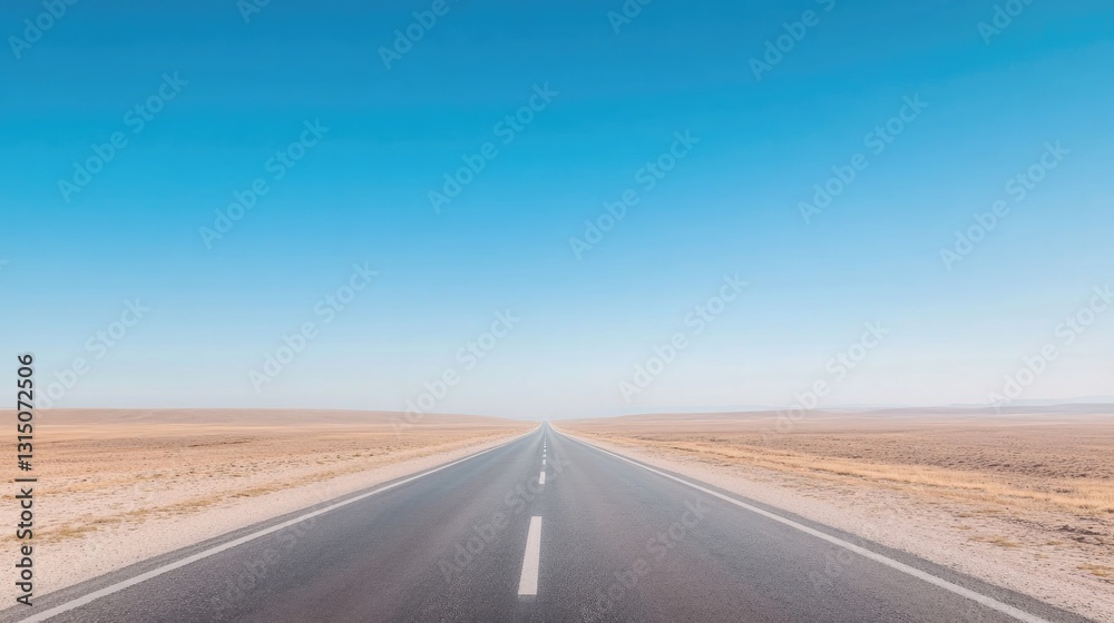 Naklejka premium long empty road stretches into horizon under vast clear blue sky