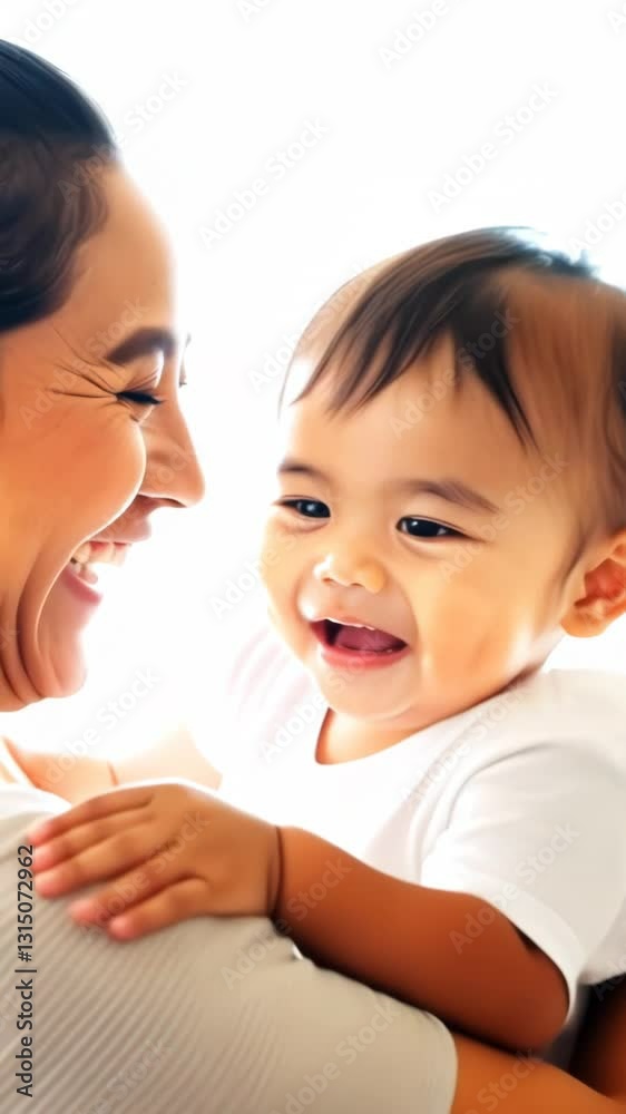 Joyful mother and baby sharing an intimate moment with genuine laughter. The baby reaches out playfully as the mother smiles warmly, creating a heartfelt bonding experience. Joyful mother and baby sharing an intimate moment with genuine laughter. The baby reaches out playfully as the mother smiles warmly, creating a heartfelt bonding experience.