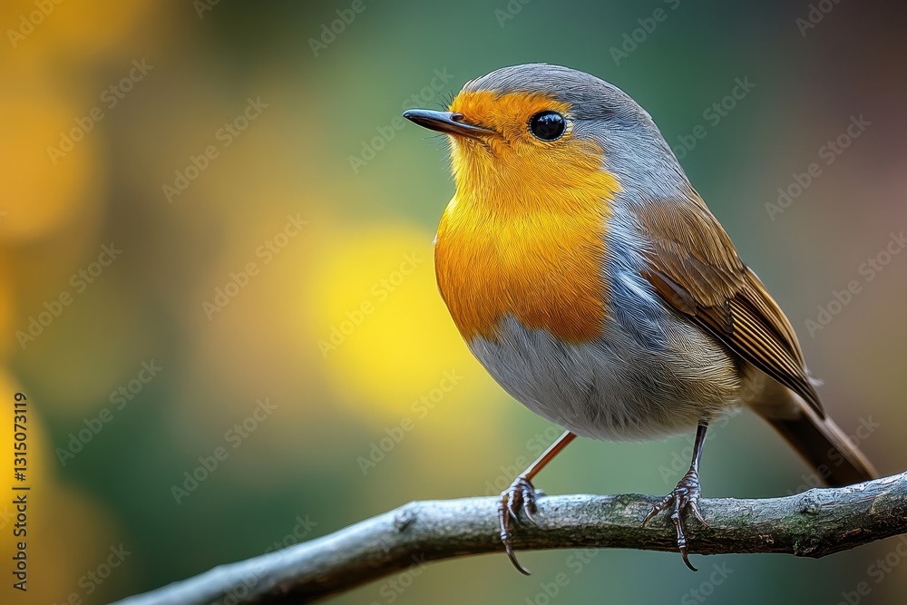 Fototapeta premium European robin perches on a branch during the day with soft green and yellow hues in the background