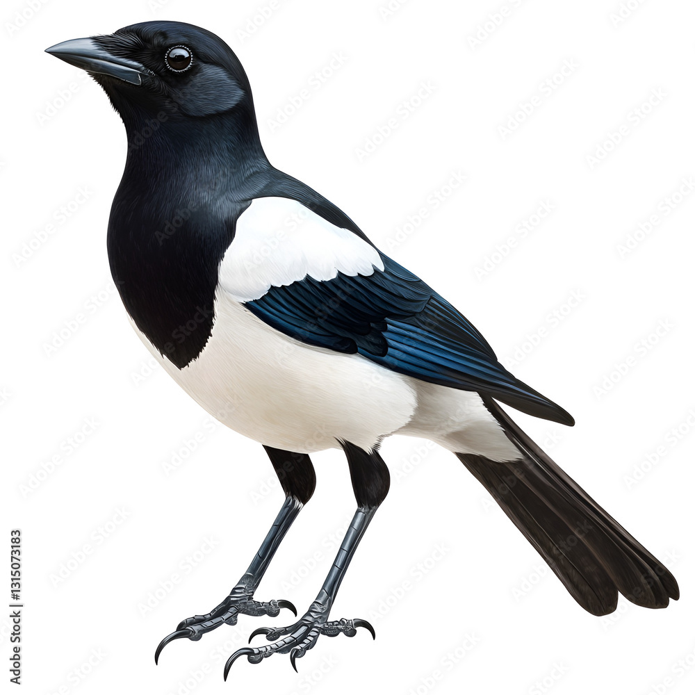 Fototapeta premium Azurewinged Magpie Illustration Bird, Feathers, Wildlife, Nature, Avian, Black, White, Blue, Talons,