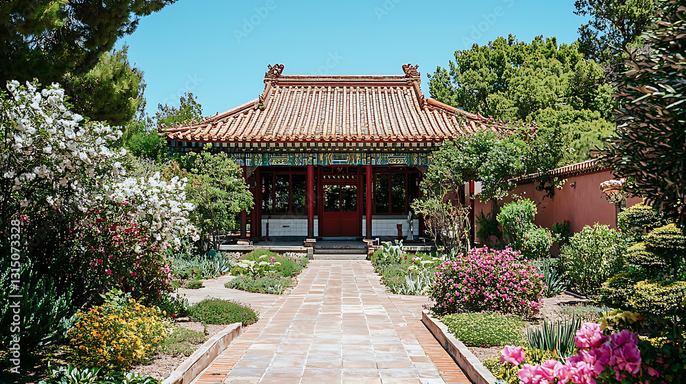 A traditional Asian-style building with a tiled roof sits in a lush garden with a brick pathway under a bright blue sky. A traditional Asian-style building with a tiled roof sits in a lush garden with a brick pathway under a bright blue sky.
