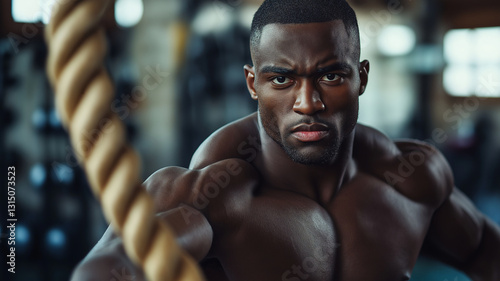 Muscular young adult man with dark skin showcasing skincare routine holding cosmetic cotton pad in modern gym setting with weights in background