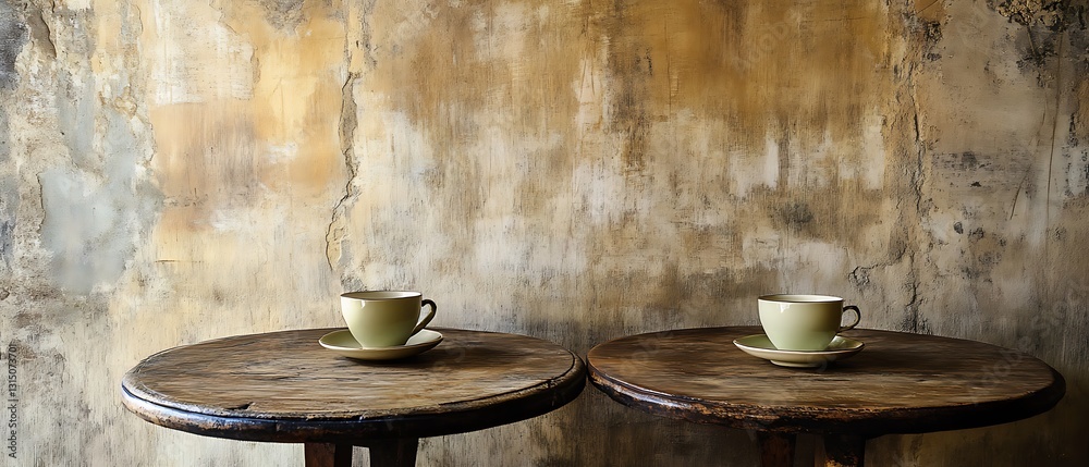 Empty coffee cups on rustic tables Empty coffee cups on rustic tables