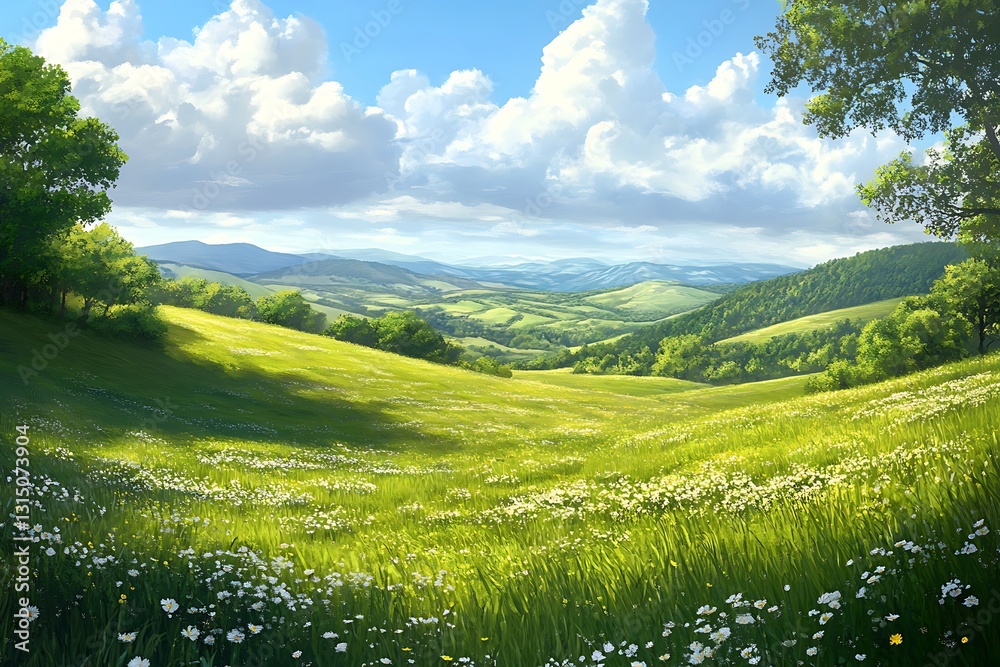 Obraz premium A serene landscape featuring rolling hills, lush greenery, and a bright blue sky with clouds.