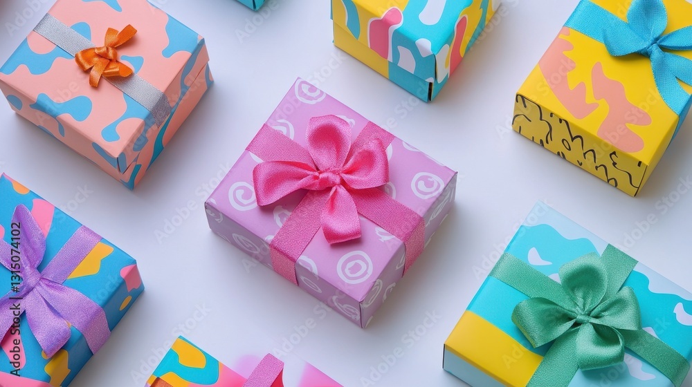 A collection of birthday gift boxes with colorful wrapping paper on a white isolated background A collection of birthday gift boxes with colorful wrapping paper on a white isolated background