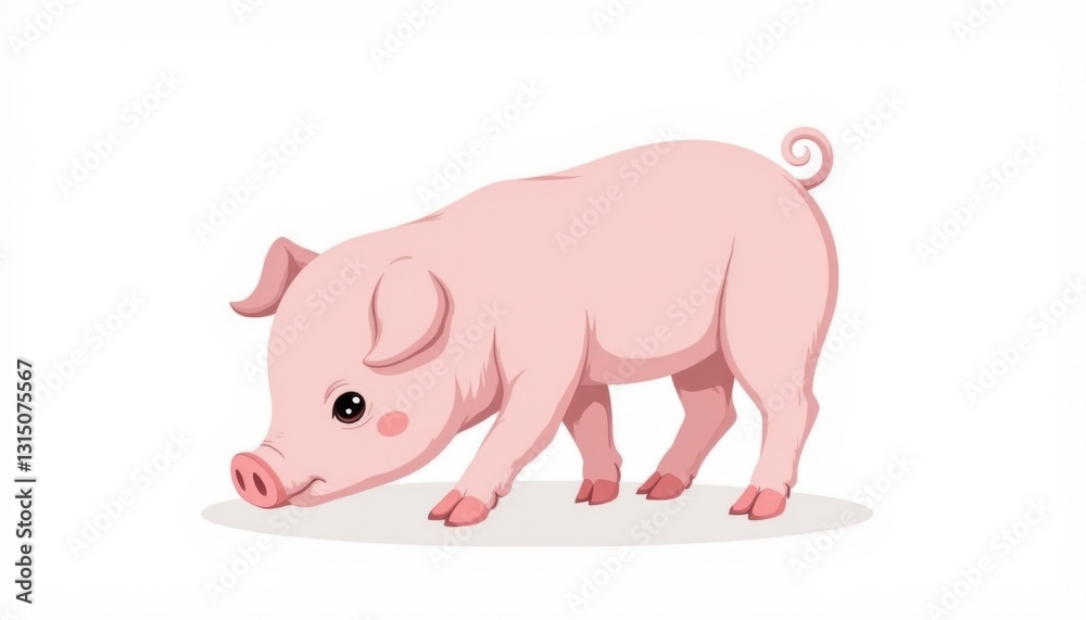 A tiny pink piglet with curly tail and floppy ears, eagerly sniffing the ground with its wet nose, against a pure white background. A tiny pink piglet with curly tail and floppy ears, eagerly sniffing the ground with its wet nose, against a pure white background.