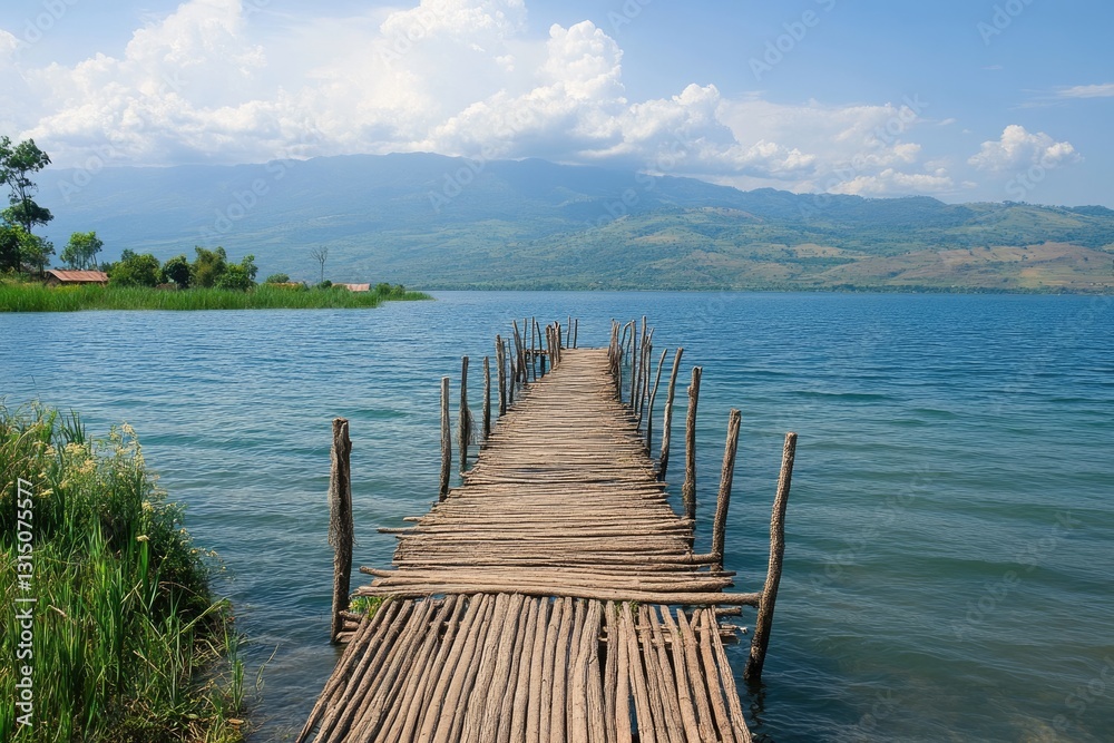 Fototapeta premium Scenic Wooden Pathway at Lake Tanganyika, Burundi: Embrace the Beauty of African Countryside