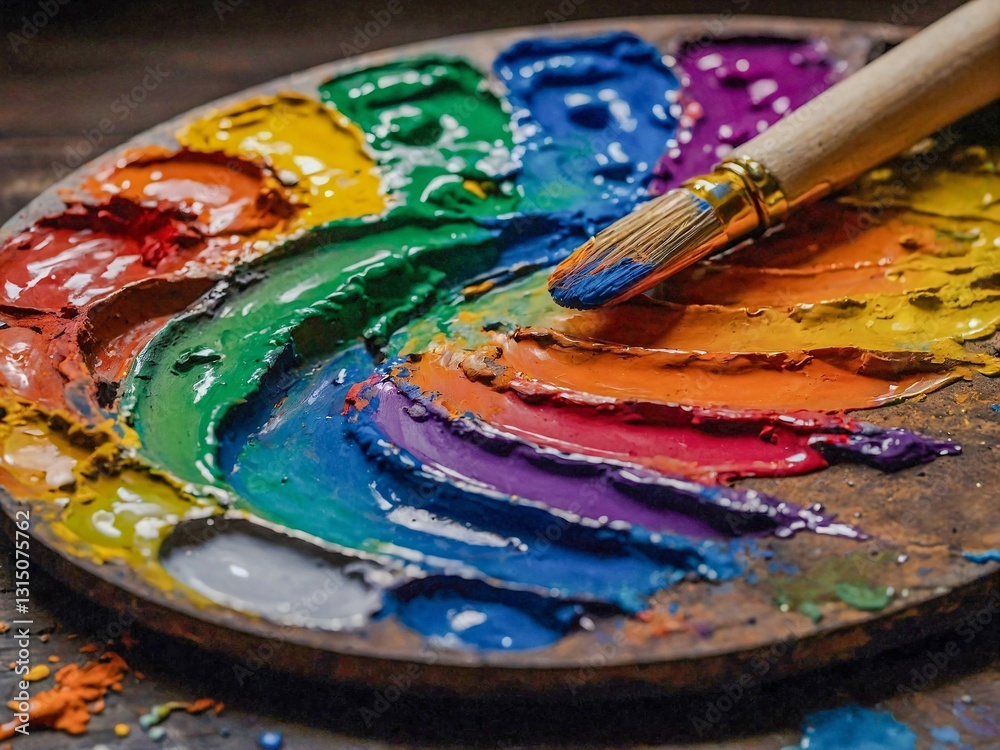 Artist's palette showing a rainbow of oil paints. Artist's palette showing a rainbow of oil paints.