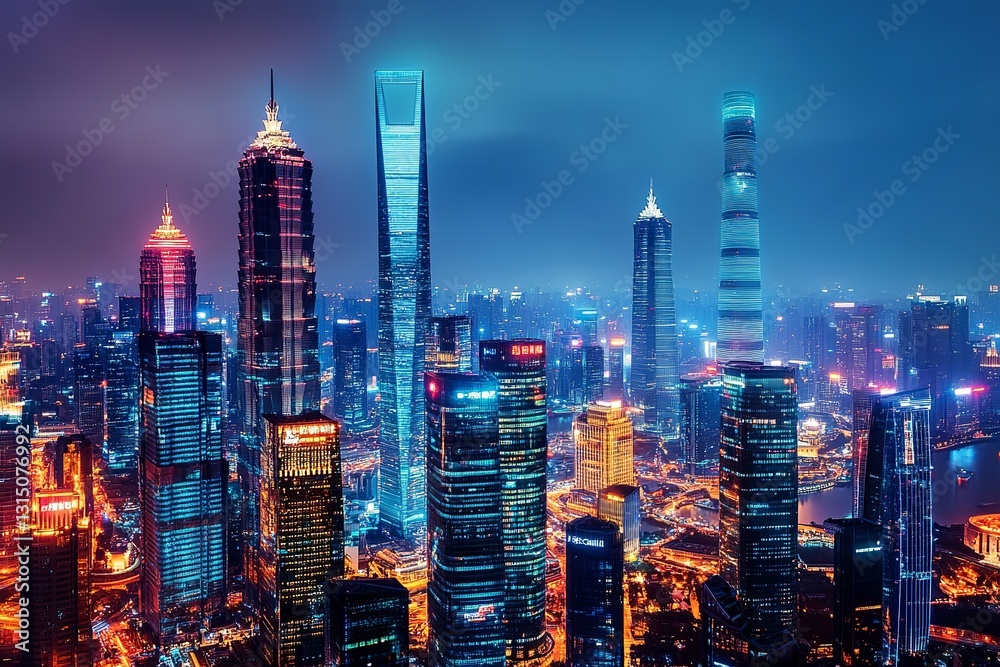 Fototapeta premium Stunning Night View Shanghai Skyline Modern Architecture Cityscape Vibrant Lights Illuminated Buildings Urban Landscape Nighttime Panoramic City dark 