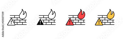 Four icons depict fire hazard warnings, displaying varied color schemes and design styles.