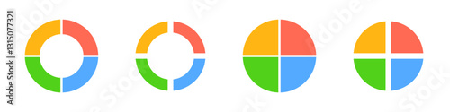 Four colorful circles display stages from incomplete to complete, each divided into sections.