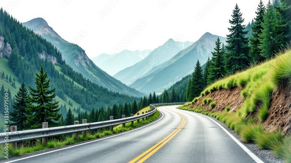 Serene Winding Road Through Majestic Mountain Range with Lush Green Foliage Serene Winding Road Through Majestic Mountain Range with Lush Green Foliage
