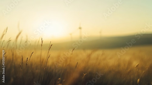 A tranquil sunrise casts warm light over a golden field, with wind turbines in the background, symbolizing nature and renewable energy. Ideal for serene landscapes.