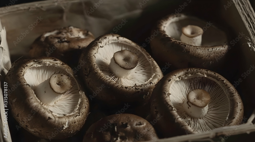 Fresh shiitake mushrooms in a wooden crate, sunlight illuminating the caps, rustic background, ideal for food blogs and culinary websites Fresh shiitake mushrooms in a wooden crate, sunlight illuminating the caps, rustic background, ideal for food blogs and culinary websites