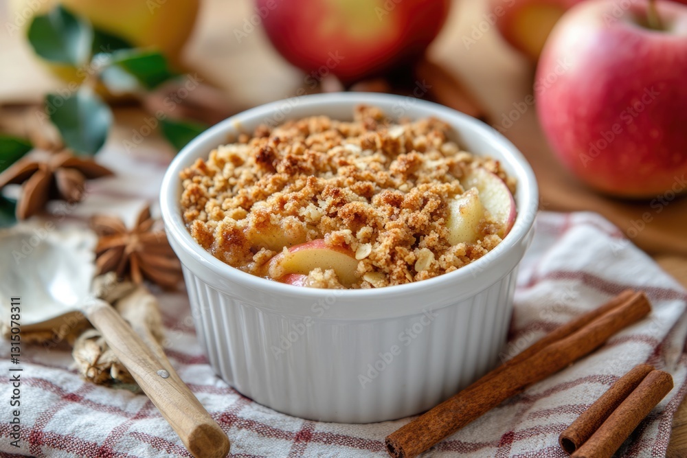 Closeup of Baked Apple Crisp in Ramekin on Table - Perfect for Breakfast or Dessert Closeup of Baked Apple Crisp in Ramekin on Table - Perfect for Breakfast or Dessert