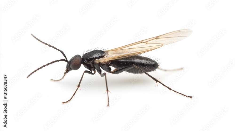 Closeup of Dark-Winged Gnat on White Background: A Black Adhesive Arthropod Encounter Closeup of Dark-Winged Gnat on White Background: A Black Adhesive Arthropod Encounter