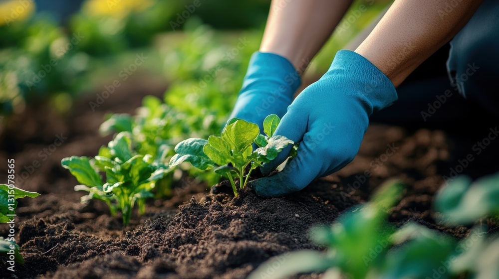 Closeup view of hands of gardener working in field planting flowers. Closeup view of hands of gardener working in field planting flowers.