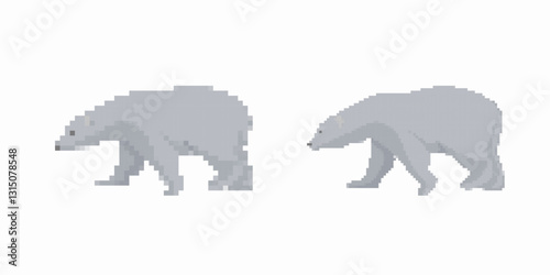 Two polar bears are depicted in pixel art style. both bears are shown walking with detailed features.